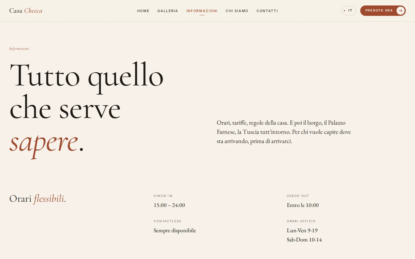 La pagina Informazioni del sito Casa Checca