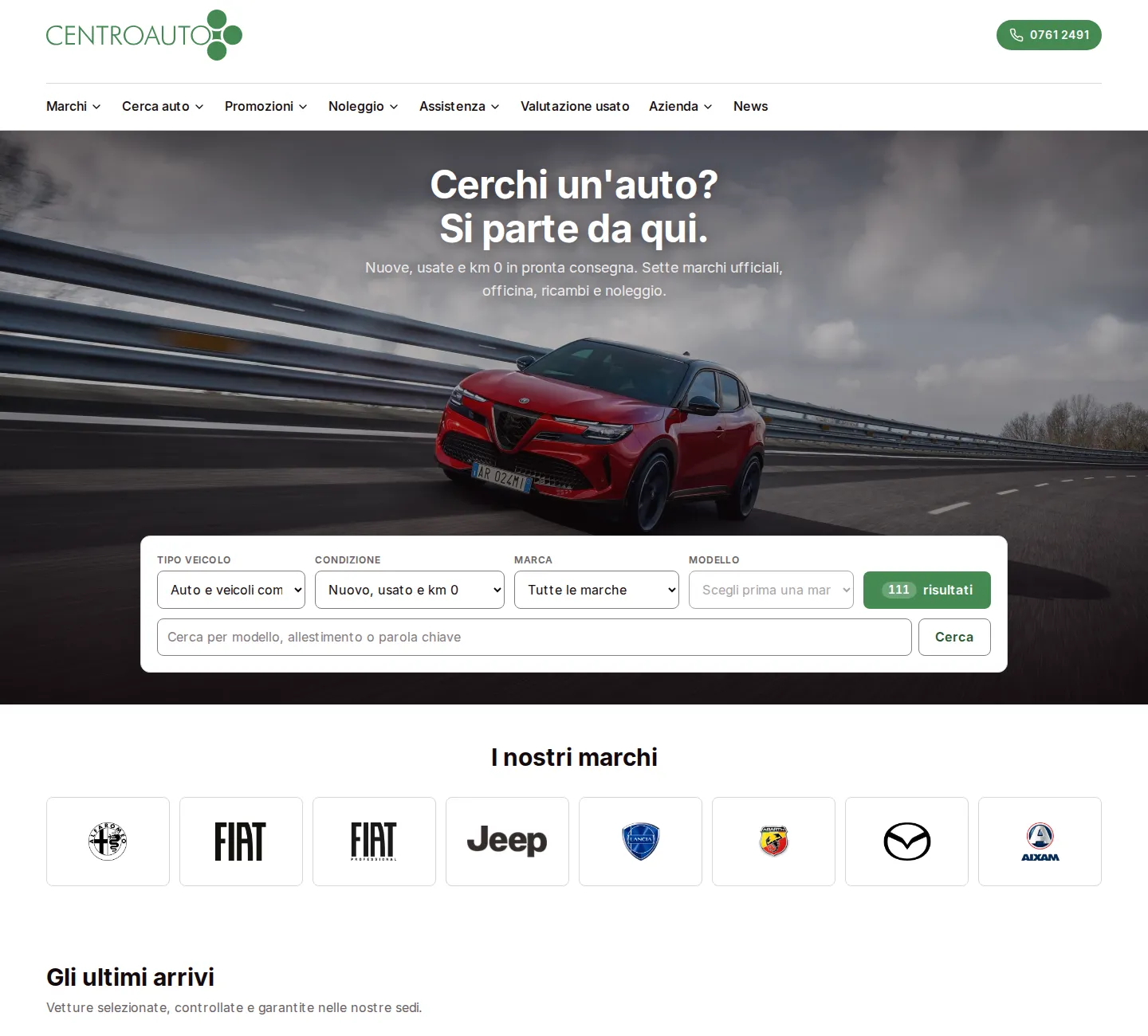 La home del sito nuovo di Centroauto, con la ricerca auto e i marchi