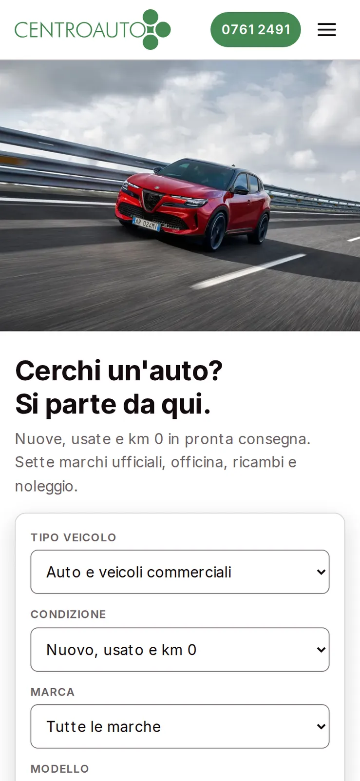 La home del sito nuovo di Centroauto vista da telefono